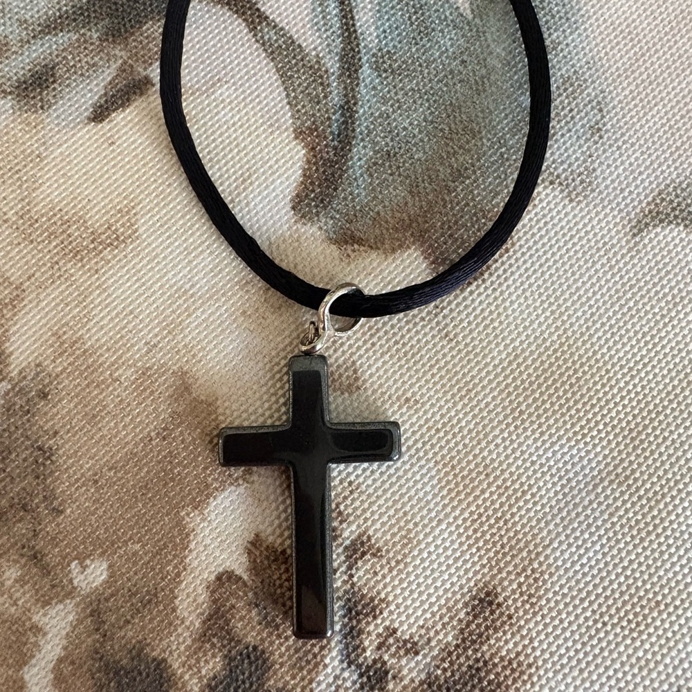 Black Hematite Cross Pendant Catholic Christian Necklace Religious Jewelry